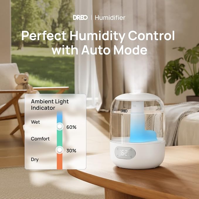 DREO Humidifiers for Bedroom, 3L Top Fill 30H & 26dB Quiet Runtime for Large Room, Cool Mist Ultrasonic Humidifier with Humidity Sensor, Night Light for Home, Baby, Nursery, Plants, New Edition - Image 2