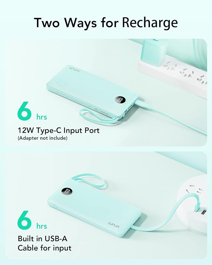 VRURC Portable Charger for iPhone, Compact Travel Power Bank 10000mAh, USB C Battery Pack 4 Outputs 3 Inputs, Slim Phone Charger with Cables for iPhone 17 16 15 14 13,Samsung Galaxy-Green(1 Pack) - Image 6