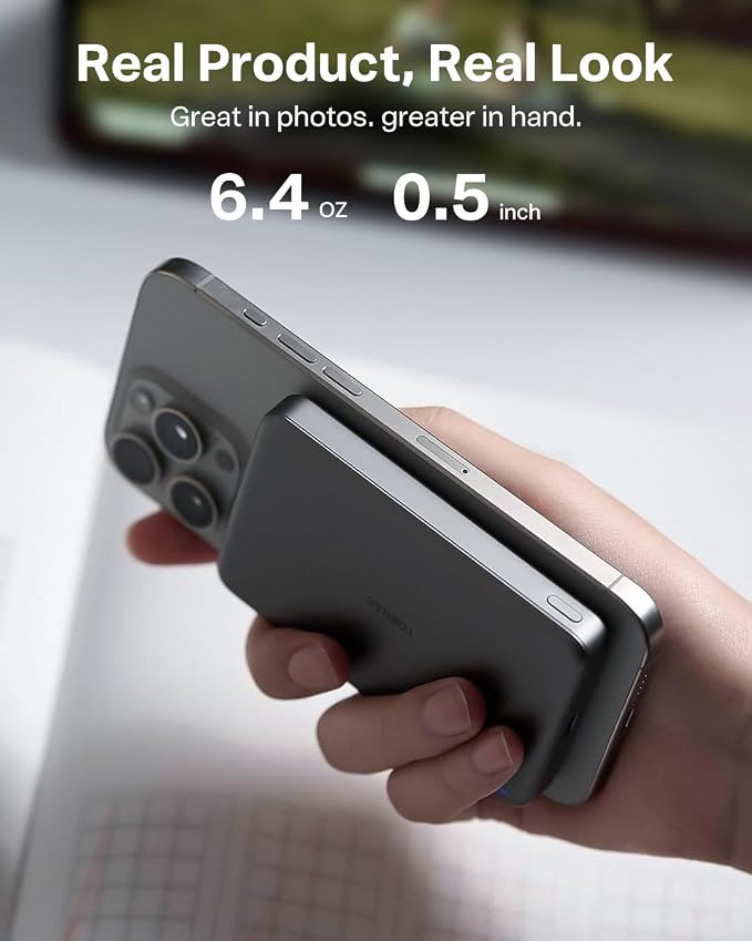 TORRAS MiniMag Power Bank,Ultra-Slim 10,000mAh Magnetic Wireless Portable Charger, 22.5W Fast Charging iPhone Air Magnetic Battery Pack Designed for iPhone 17 Pro Max/17 Pro/Air/16/15/14/13/12, Gray - Image 9