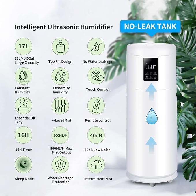 Humidifiers for Large Room Home Bedroom 2000 sq.ft. 17L/4.5Gal Large Humidifier with Extension Tube & 4 Speed Mist,Top Fill Wholehouse Humidifier with 360°Nozzle for Plant Office Commercial Greenhouse - Image 8