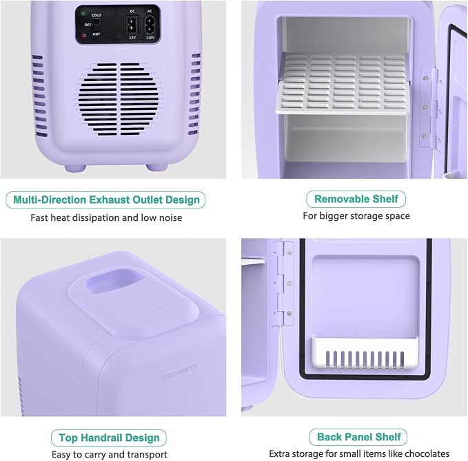 CROWNFUL Mini Fridge, 4 Liter/6 Can Portable Cooler and Warmer Personal Refrigerator for Skin Care, Cosmetics, Beverage, Food,Great for Bedroom, Office, Car, Dorm(Purple) - Image 6