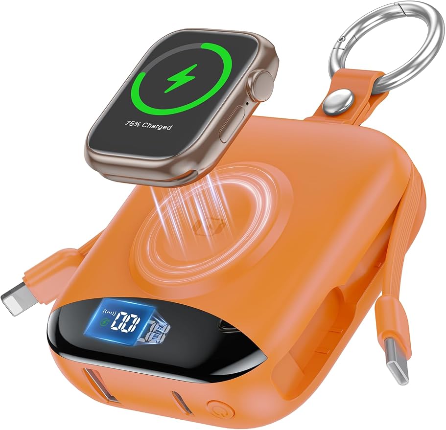Portable Charger, 10000mAh 22.5W Fast Charging Power Bank with Built-in Cables, Travel Essentials Battery Pack with LED Display for iPhone, Portable iWatch Charger for 11/10/9/8/7/6/5/SE/Ultra Orange by CITICR