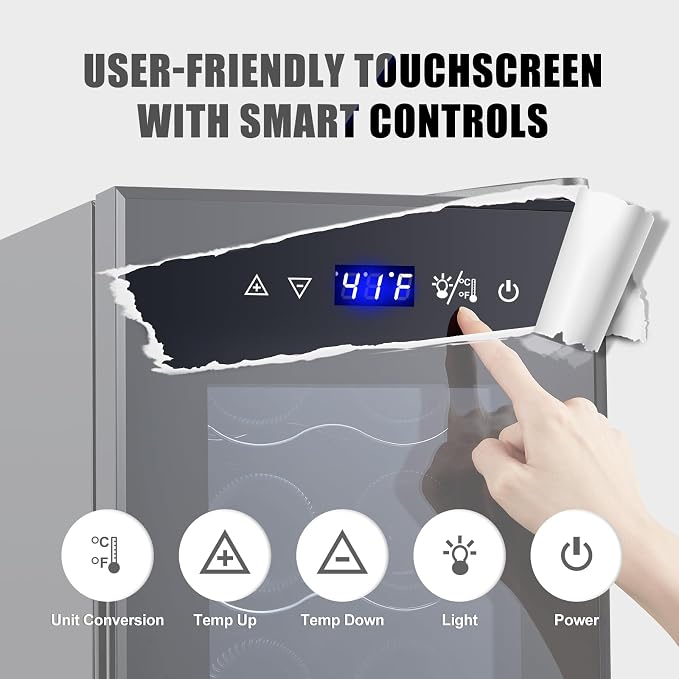 12 Bottle Mini Wine Fridge with Lock, Freestanding Compressor Wine Cooler Refrigerator, 10.7 Inch Wide Compact Wine Chiller with Glass Door, 41°F-64°F Digital Temperature Control, Black - Image 2
