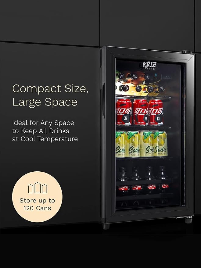 Beverage Refrigerator 120 Can Freestanding Beverage Cooler Black | Adjustable Shelving Glass Door, for Beer Soda or Wine Perfect for Home Office or Bar - Image 4
