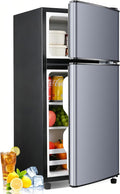 Anypro Fridge with Freezer, 2.9 Cu.Ft Double Door Refrigerator with 7-Level Temperature Control, LED Light, Adjustable Shelves for Bedroom, Office, Dorm, and Apartment, Blue Silver by Anypro