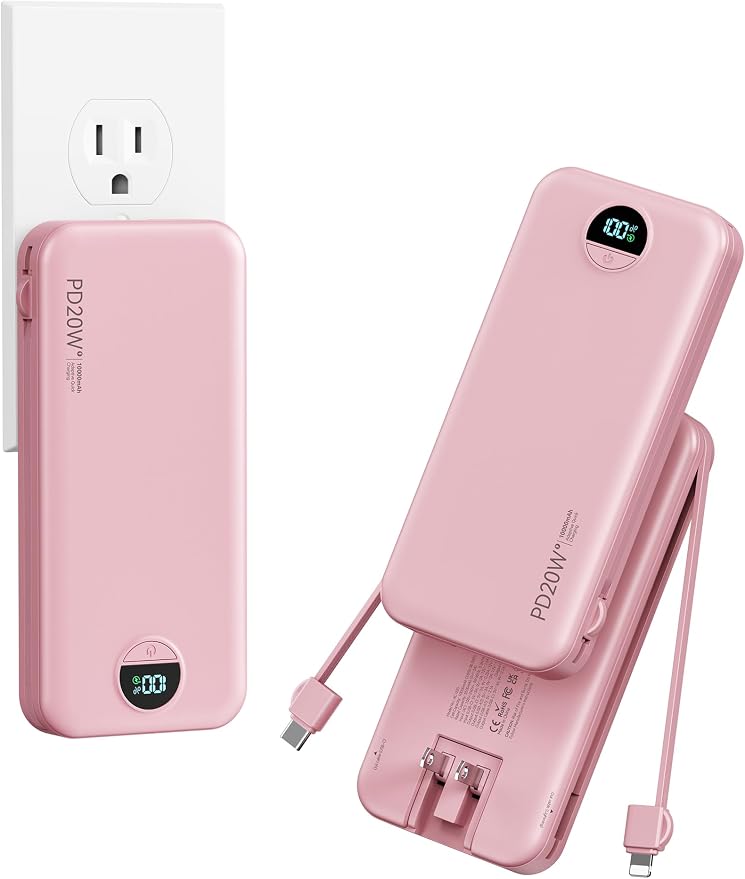 10000mAh Ultra-Portable-Charger-Power-Bank with Built in Cables&AC Wall Plug, PD20W USB-C Fast Charging Cell Phone Charger Battery Pack,LED Display Travel Battery Bank for All iPhone,Samsung,Android by AONIDI