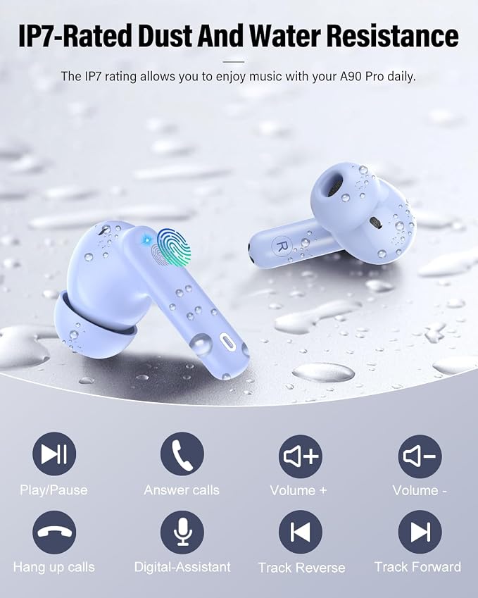 Wireless Earbuds, Bluetooth 5.4 Headphones Bass Stereo/Clear Call,Pale Blue | Ear Buds with Noise Cancelling Mic LED Display in Ear Earphones IP7 Waterproof 36H Bluetooth Earbuds for Phones/Sport/Laptop - Image 8