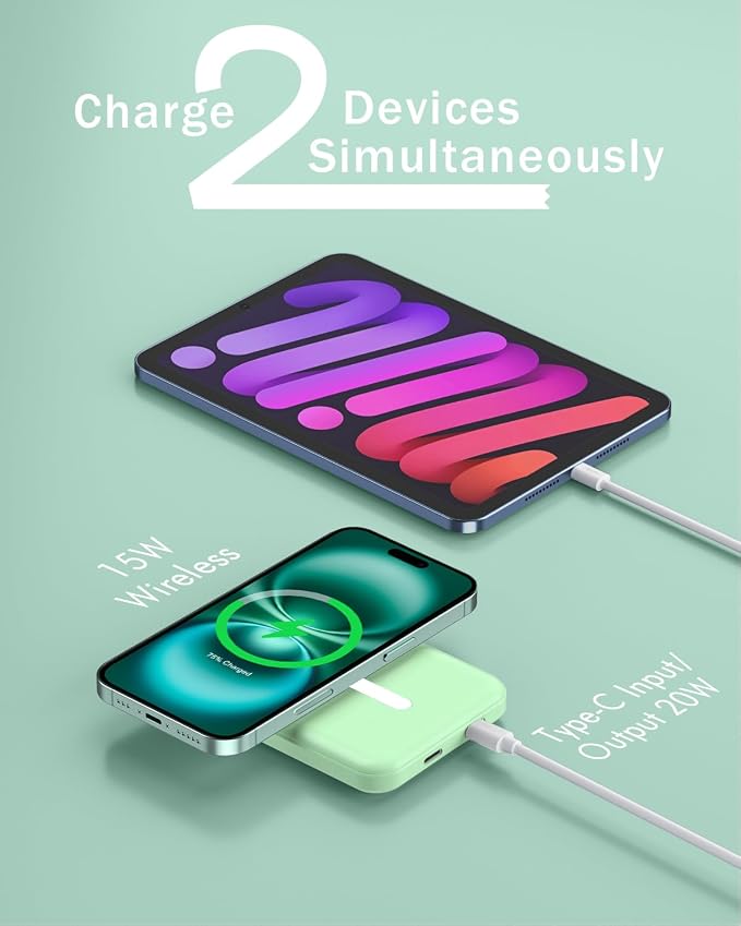 podoru for Magsafe Battery Pack, 5000mAh Magnetic Power Bank with Type-C Cable 20W PD Fast Charging Lighting Input Wireless Portable Charger for iPhone 17/16/15/14/13/12/ All Series-Green - Image 5