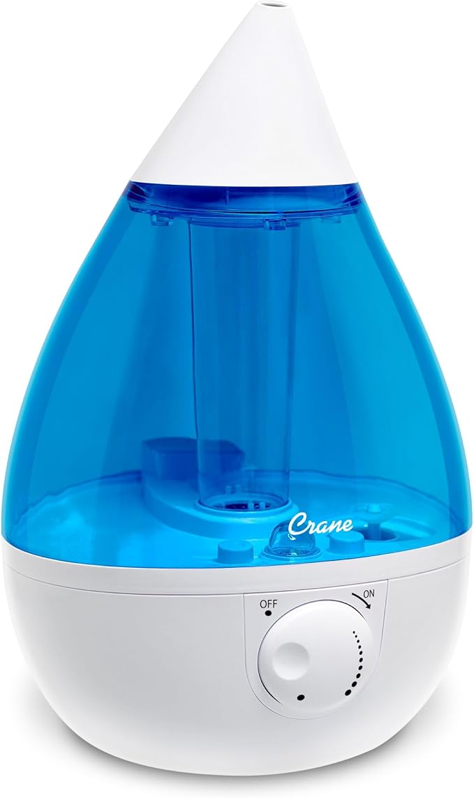 Crane Ultrasonic Cool Mist Teardrop Humidifier for Baby Nursery, Bedroom, Office, Large Room, Adjustable Humidity, Auto Shut-Off, Easy Clean Blue & White 1 Gallon by Crane