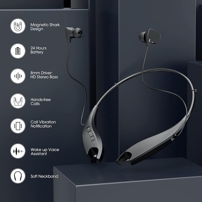 Neckband Bluetooth Headphones, 24H Playtime Wireless Noise Isolation | Around The Neck Headphones Shark Jaw Design, Bluetooth Headsets with Call Vibration, Earbuds Built-in Mic/IPX7 Waterproof - Image 9