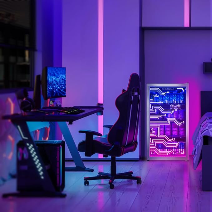 Cyberpunk Beverage Cooler, 130 Can Mini Fridge, LED Light Door, Gaming Room | Colorful LED Ambient Lighting, Freestanding for Bar & Party, Adjustable Shelves for Cans & Bottles - Image 6