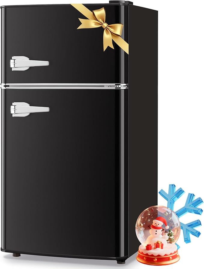 3.5 Cu.Ft Retro Mini Fridge with Handle Compact Refrigerator Black | Dual Door Refrigerator with Freezer 7 Gears Temperature Control Ideal for Bedroom Dorm Office by WANAI%C2%AE