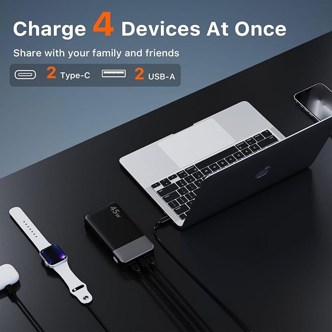 JUOVI J2621 Power Bank Portable Charger 20000mAh 45W, PD3.0 QC 4.0 Fast Charging Battery Pack with LED Display,2 USB-C,2 USB-A for iPhone 15 16, MacBook - Image 3