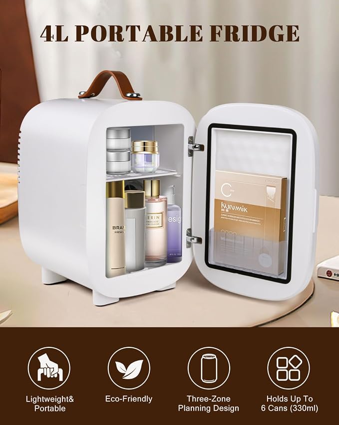 FANSEXPERT Mini Fridge for Bedroom, 4 Liter/6 Cans Skin Care Fridge Small Refrigerator, AC/DC Portable Mini Cooler & Warmer, Small Cosmetic Fridge for Camping, Dorm, Office, Car (White) - Image 3