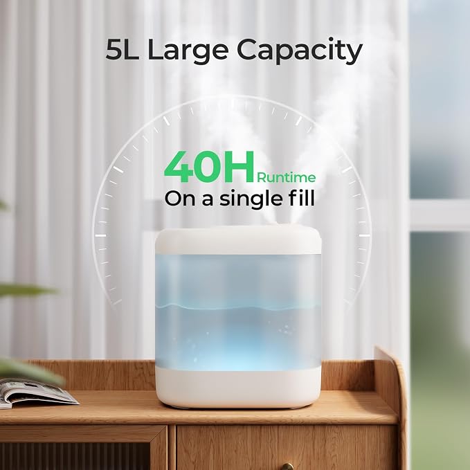 Homvana Humidifiers for Bedroom, 5L Super Easy to Clean Top Fill Auto Adapt Cool Mist Humidifier for Bedroom Plants Baby Kids for Home (Never Leaking Design), Quiet 40H Runtime, Essential Oil Diffuser - Image 6