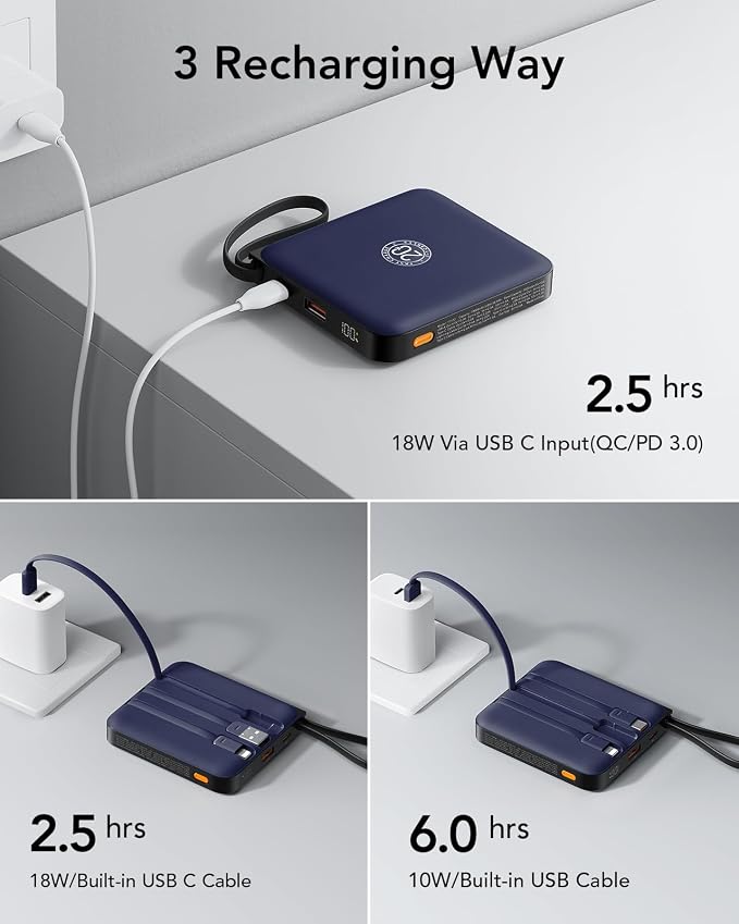 VRURC 10000mAh Portable Charger for iPhone with Built-in Cables, 22.5W Fast Charging Power Bank with LED Display, Battery Pack USB C for iPhone 17 Pro Max, Samsung S26, Travel Essentials (Royal Blue) - Image 5