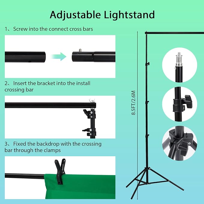 Photography Lighting kit with Backdrops, 8.5ftx10ft Backdrop Stand, 5 Tripod - Image 2