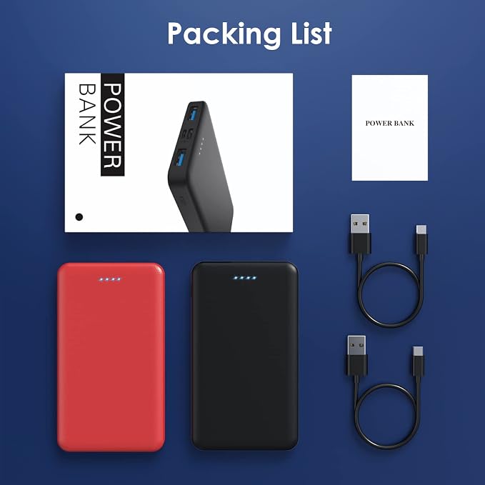 [2 Pack] Portable Charger Power Bank 10000mAh,Ultra Slim Compact External Battery Pack with USB C Input & Dual USB Outputs Backup Charger Compatible with iPhone 13,12, Samsung S20,Tablet-Black+Red - Image 7