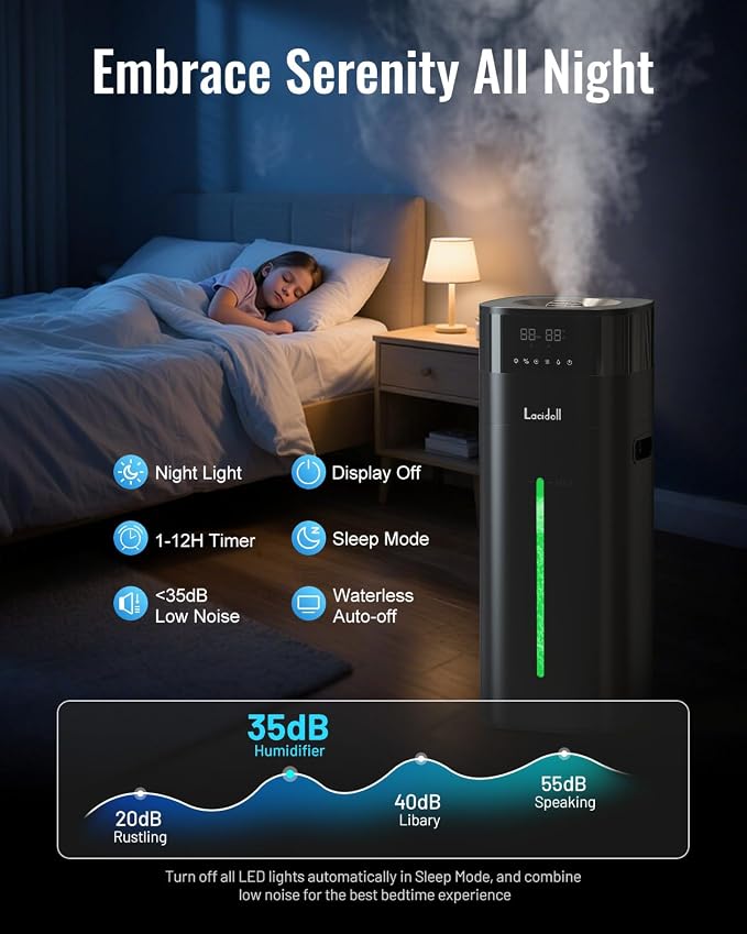 Cool and Warm Mist Humidifier Large Room, 5.3Gal/20L Humidifiers for Home 2000 sq ft, Whole House Humidifiers with Diffuser Extended Tube, Air Humidifier for Bedroom Nursery Baby Plants Black - Image 6