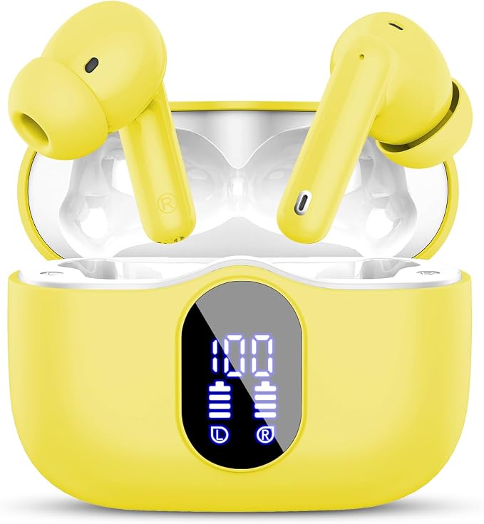 Wireless Earbuds, Bluetooth 5.4 Headphones Bass Stereo/Clear Calls, Yellow | Ear Buds with Noise Cancelling Mic LED Display in Ear Earphones IP7 Waterproof 36H Bluetooth Earbuds for Phones/Sport/Laptop by Btootos