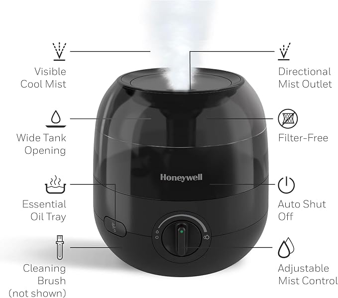 Honeywell Mini Cool Mist humidifier, Easy to Fill and Clean, humidifier for small Bedroom, Kids Rooms, or office. Ultra Quiet Operation and Auto Shut-Off - Black, HUL525B - Image 3