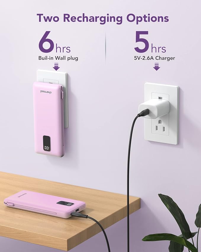 charmast Portable Charger with Built-in Cables & Wall Plug, 10000mAh Portable Power Bank, External Battery Pack Travel Essentials Compatible with iPhone 16/15/14/13, Samsung, iPad etc - Image 5