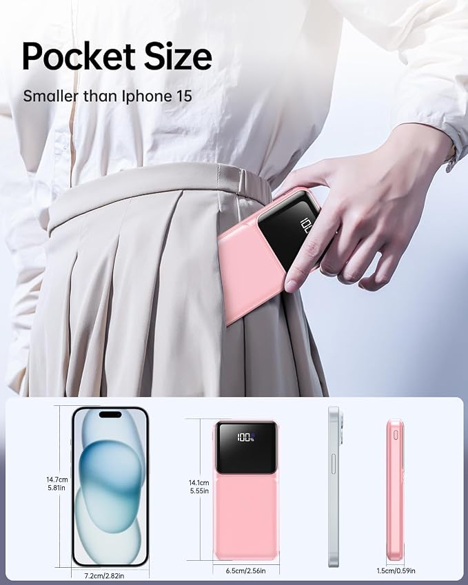 RONEGN Portable Charger with Built in Cable - Power Bank Fast Charging USB C LED Display 10000mah Battery Pack 5 Outputs & 3 Inputs for Travel Essentials iPhone Samsung Android Phones Tablets Pink - Image 5