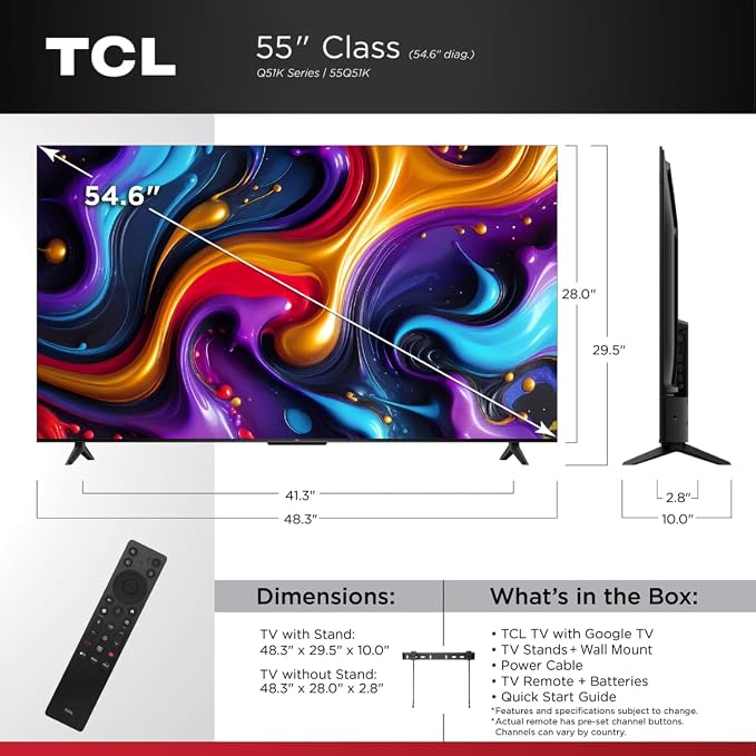 TCL 55" Q51K Q Series Q-LED 4K UHD HDR+ with Google TV Dolby Atmos + DTS Virtual:X, Motion Rate 240, AIPQ Processor, Auto Game Mode, Bluetooth + Free Wall Mount (2025) (Renewed) - Image 6