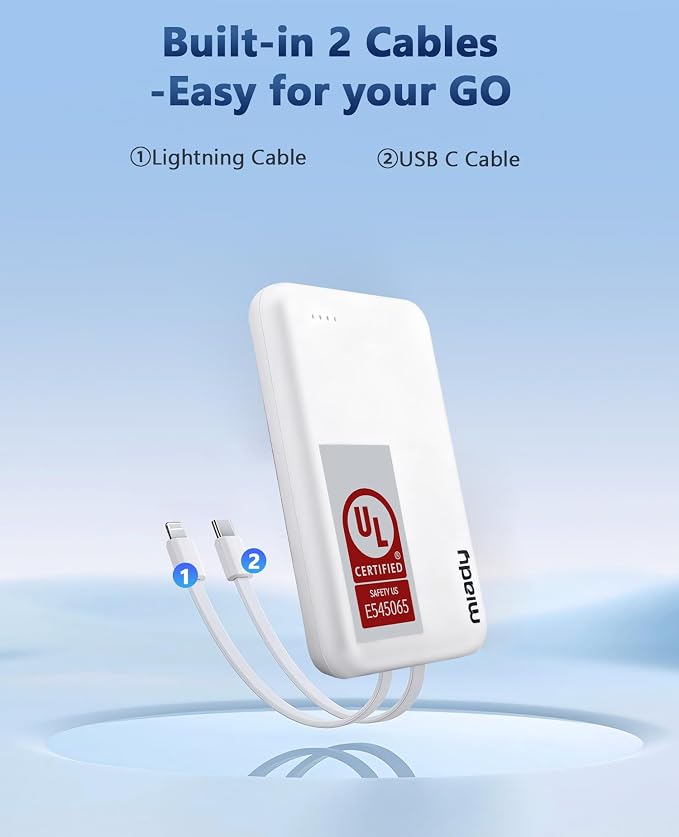 Miady 2-Pack Small Portable Charger UL Listed, 5000mAh Slim Power Bank Built-in 2 Cables Lightweight Travel Battery Pack 3 Outputs 2 Inputs Compatible with iPhone 17/16/15/14/13 Galaxy S24/S22 etc - Image 3
