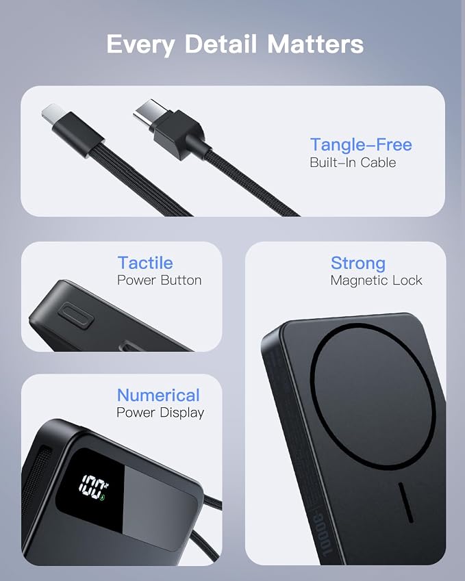 Magnetic Power Bank, 10,000mAh Wireless Portable Charger for Mag-Safe 15W Fast Charging, Battery Pack with USB-C Cable 20W in/Out for iPhone 17e/Air/17/16/15/14/13/12/Plus/Pro/Pro Max, AirPods & More - Image 7