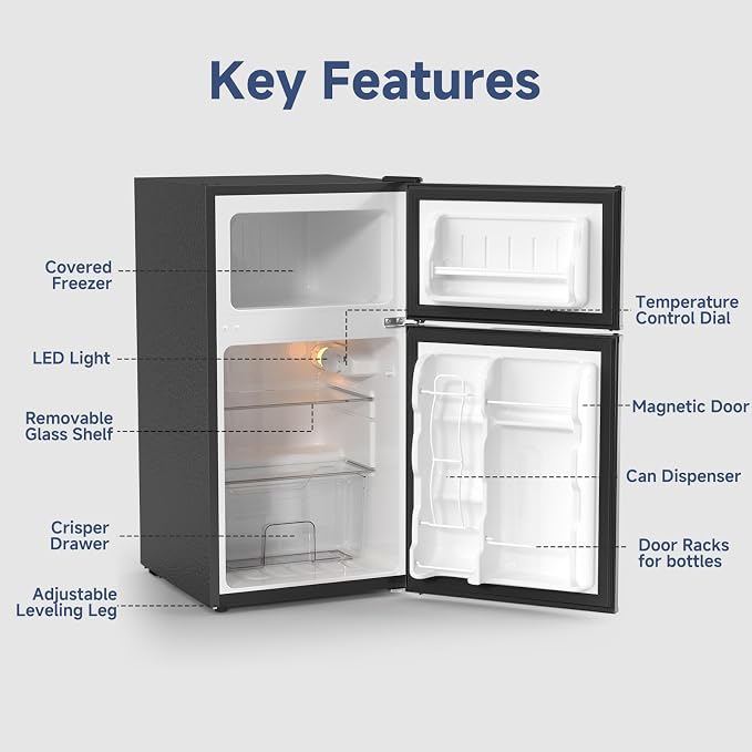 3.2 CU.FT Mini Fridge with Freezer for Bedroom Office Silver | 2 Door Small Refrigerator, Quiet Compact Fridge for Home, Dorm, Apartment, Garage, RV, Adjustable Thermostat, Low Noise - Image 8