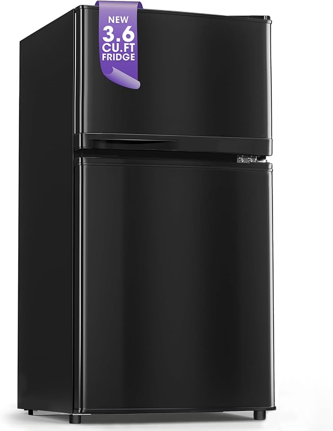 Tehanld 3.6 Cu.Ft Mini Fridge with Freezer for Dorm Office, Black | Double Door Compact Refrigerator with Low Noise Technology, Removable Shelves for Bedroom and Apartment Storage by Tehanld