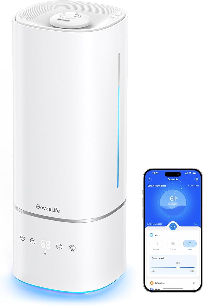 GoveeLife Humidifiers for Bedroom, 6L Top Fill Cool Mist Humidifier for Large Room, Auto Mode, Adjustable Mist, Quiet Sleep Mode, WiFi Smart Air Humidifier with RGB for Baby, Plants, Work with Alexa by GoveeLife