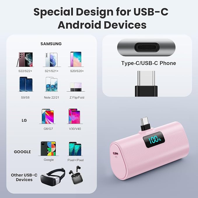 Mini Portable Charger USB C Power Bank,Upgraded 5500mAh PD Fast Charging Battery Pack Built-in USB-C Connector Travel Essential for iPhone17/17Pro/17Pro Max/Air/16 Plus/16Pro Max/15 Series -Pink - Image 4
