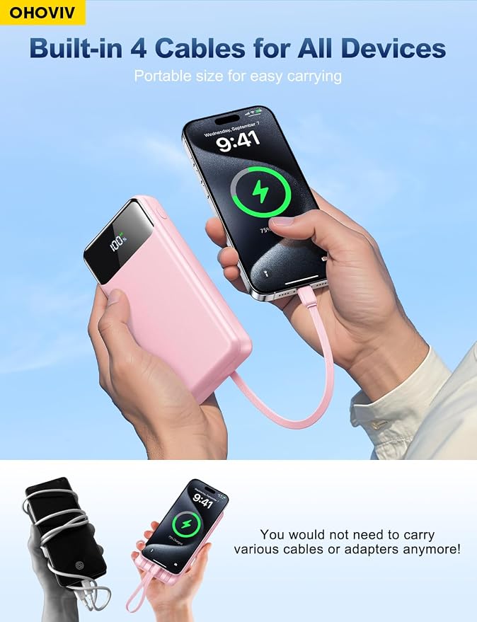 OHOVIV Portable Charger Power Bank 50000mAh Battery Pack, 22.5W Fast Charging PowerBank with Built in Cables,Travel Essential USB-C Portable Phone Charger for iPhone Samsung Pixel Android iPad-Pink - Image 2