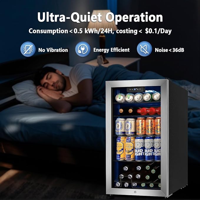 Beverage Refrigerator Cooler, 130 Cans 3.22 Cu.Ft Small Refrigerator with Low-E Glass Door, Lock, 17-Inch Beer Fridge for Drinks, Beer and Wine, Mini Fridge for Bedroom, Office and Bar, Silver - Image 7