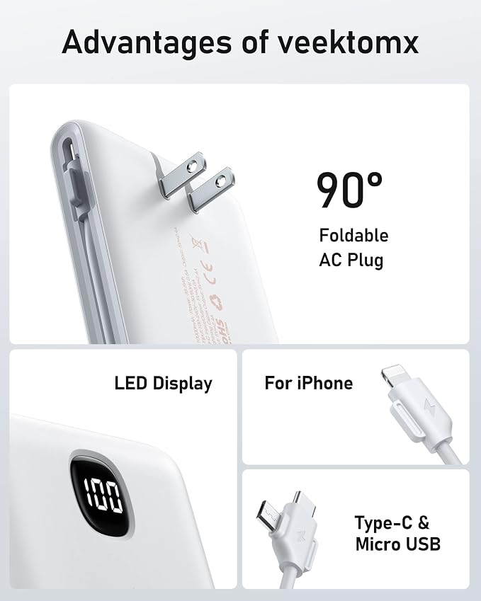VEEKTOMX Portable Charger with Built in Cables 10000mAh, Power Bank for iPhone with AC Wall Plug, Fast Charging USB C Slim Battery Pack with LED Display Compatible with iPhone 17/16/15/14, Samsung - Image 8