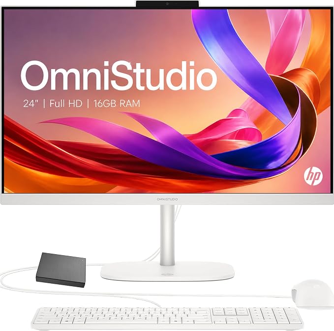 HP OmniStudio 24" Full HD All-in-OneDesktop Computer, 8GB DDR5 RAM, Intel Quad-Cores, 512GB Exernal and 128GB UFS Storage, WiFi6, Keyboard & Mouse, Windows 11 by HP