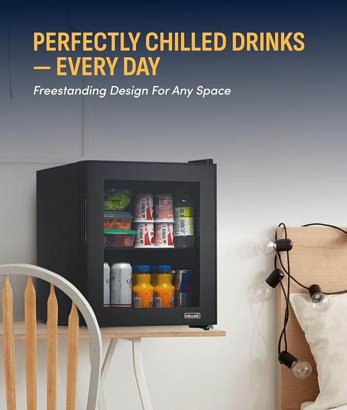 NewAir 60 Can Beverage Refrigerator | Compact Freestanding Mini Fridge for Bedroom, Dorm, Office or Gaming Room | Glass Door, Adjustable Shelf & Quiet Cooling | Black - Image 2