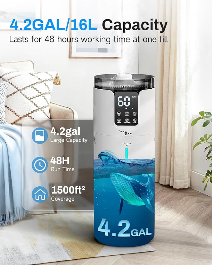 16L Smart Humidifier large room, Whole house Humidifier for Home 1500 sq.ft with APP/Voice/Remote Control, Ultrasonic Cool Mist Humidifiers for Bedroom, Plants, office with Tube, White - Image 3