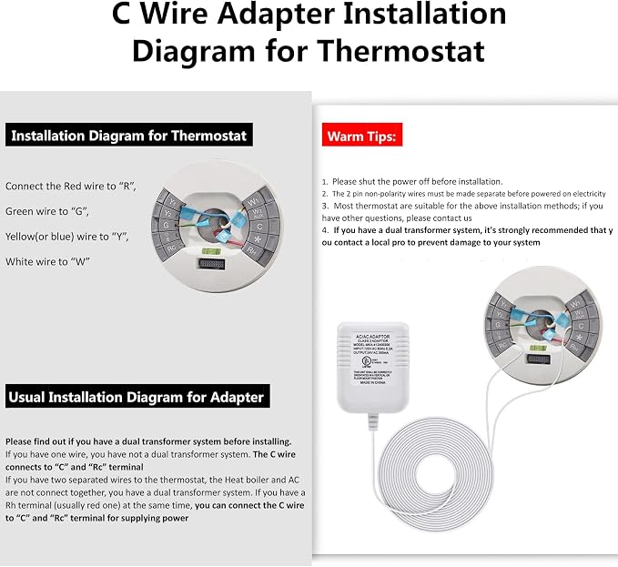 Hotop 24 Volt C Wire Adapter for Smart Thermostat, UL Listed 16.5ft Long Power - Image 2