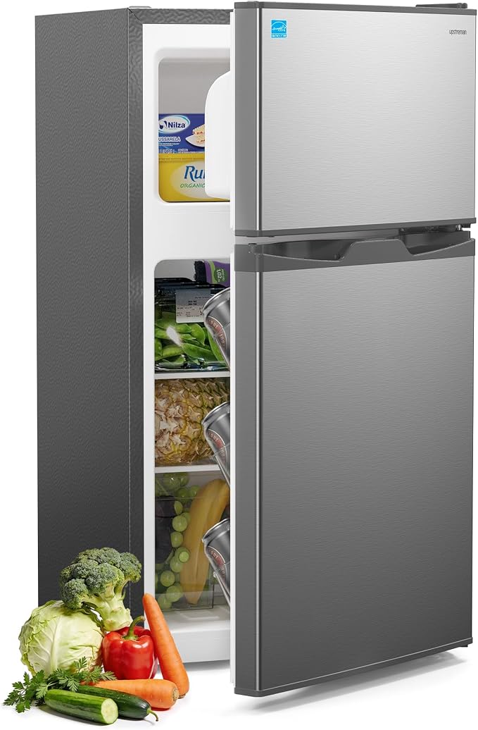 Upstreman 3.1 Cu.Ft Mini Fridge with Freezer, Double Door Small Refrigerator, Adjustable Thermostat, Energy Star Certified Low Noise Mini Refrigerator for Bedroom, Dorm, Apartment Silver-TM31 by StartUpLiveBetter