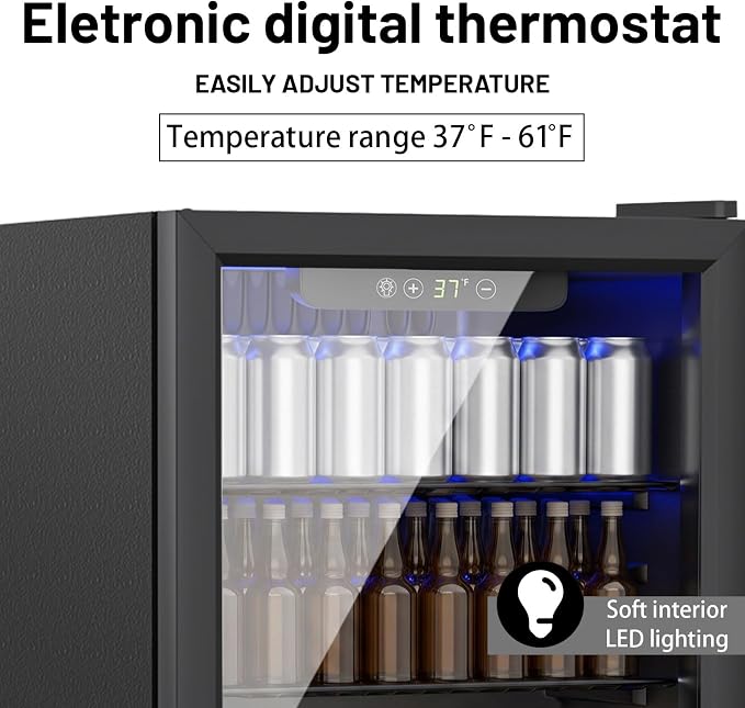 70 Can Mini Fridge, 1.7 Cu.Ft Beverage Refrigerator Glass Door | Compact Drink Fridge with Reversible Door for Soda Wine Beer, Quiet Small Cooler for Home Office Bar, Black (37-61 ℉) - Image 4