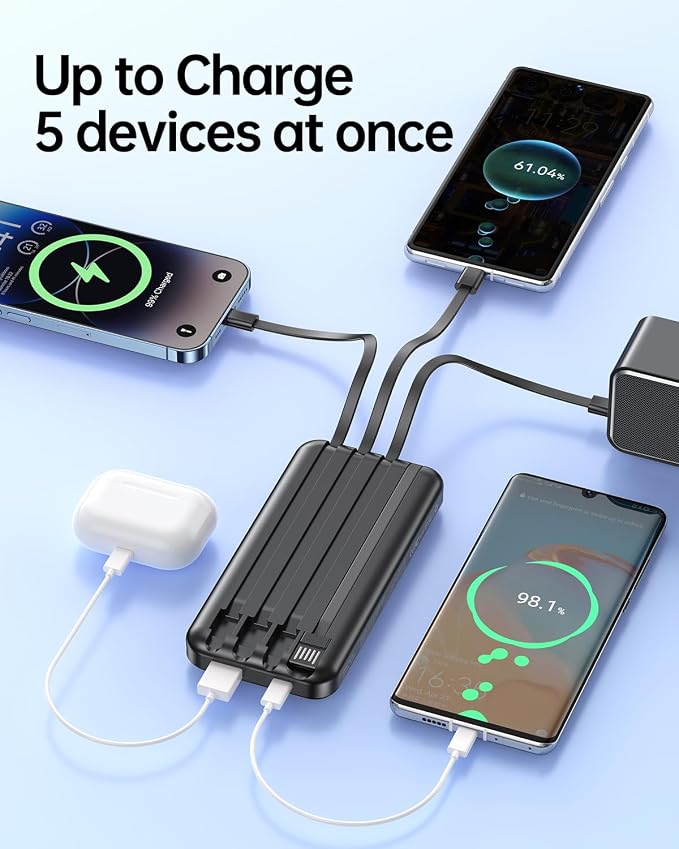 RONEGN Portable Charger with Built in Cable - Power Bank Fast Charging USB C LED Display 10000mah Battery Pack 5 Outputs & 3 Inputs for Travel Essentials iPhone Samsung Android Phones Tablets Black - Image 5