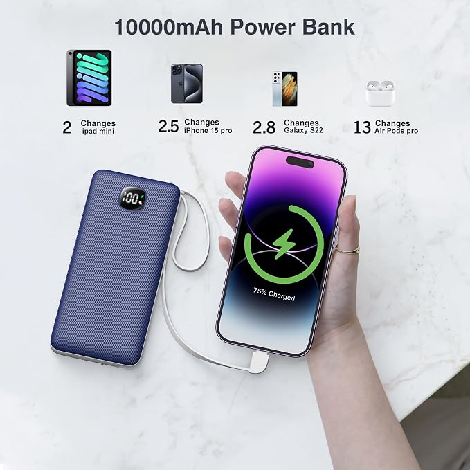 penaover Portable Charger with Built-in Cables&AC Wall Plug,Slim 10000mAh 22.5W Fast Charging Power Bank,5 Output 2 Input USB-C External Battery Pack Compatible with iPhones,Samsung,Android, etc - Image 8