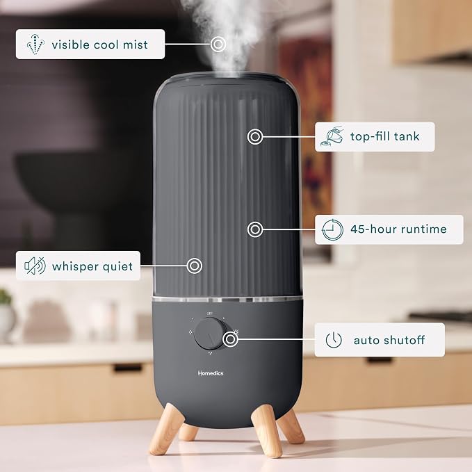 Homedics Ultrasonic Humidifier, Bedrooms and Home Offices, 0.97-Gallon Tank, 45-Hour Runtime, Visible Ultra-Quiet Cool Mist, Aromatherapy, Demineralization Cartridge, Night-Light, Auto-Off, Platinum - Image 3