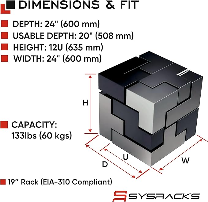 12U Wall Mount Server Rack Cabinet 24” Deep, 19” Network & AV Enclosure - Image 3