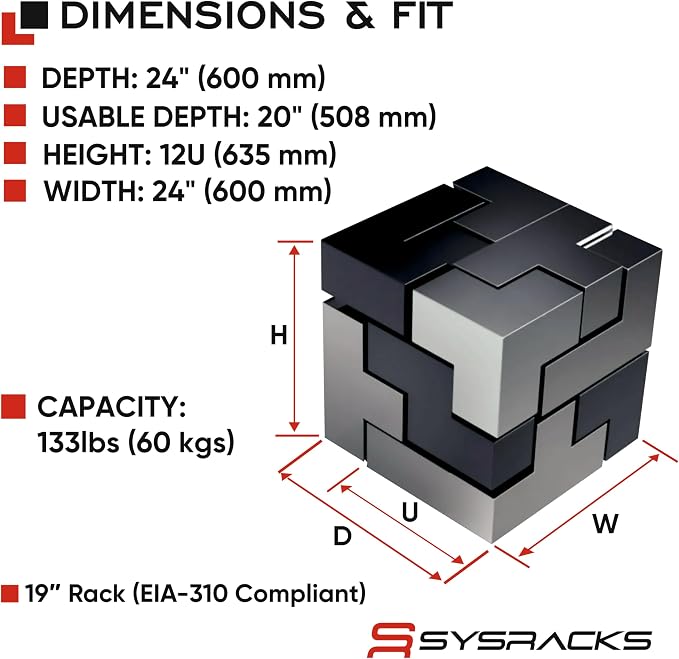 12U Wall Mount Server Rack Cabinet 24” Deep, 19” Network & AV Enclosure - Image 3