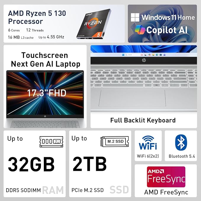HP OmniBook 17.3” Touchscreen Next Gen AI Laptop, Latest AMD Ryzen 5 CPU | 16GB DDR5 RAM, 512GB SSD, Copilot Key, AMD Radeon 660M Graphics, Backlit Keyboard, Win11 Home, Silver, w/ Wireless Mouse - Image 2