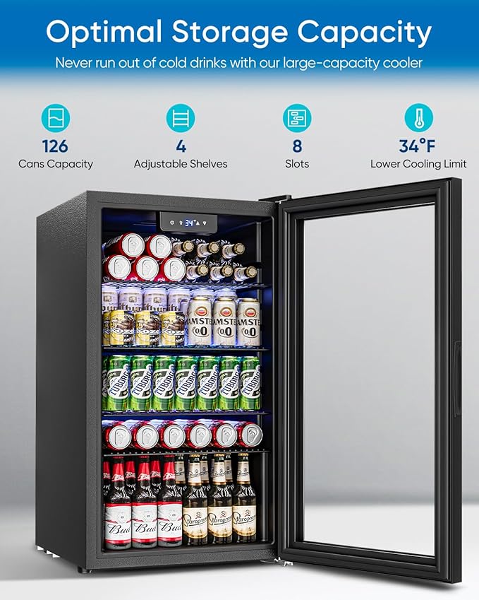 Feelfunn 3.2 Cu.Ft Mini Fridge with Glass Door - 126 Can Beverage Refrigerator Cooler for Drink Beer Wine Soda, Small Fridge for Bedroom Office Bar Dorm, 4 Adjustable Shelves, Black - Image 2